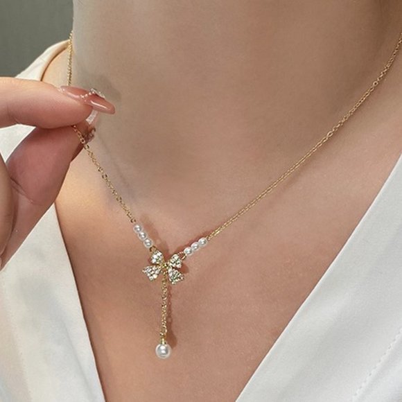 GOLIC Bow Pearl Necklace - Picture 1 of 14